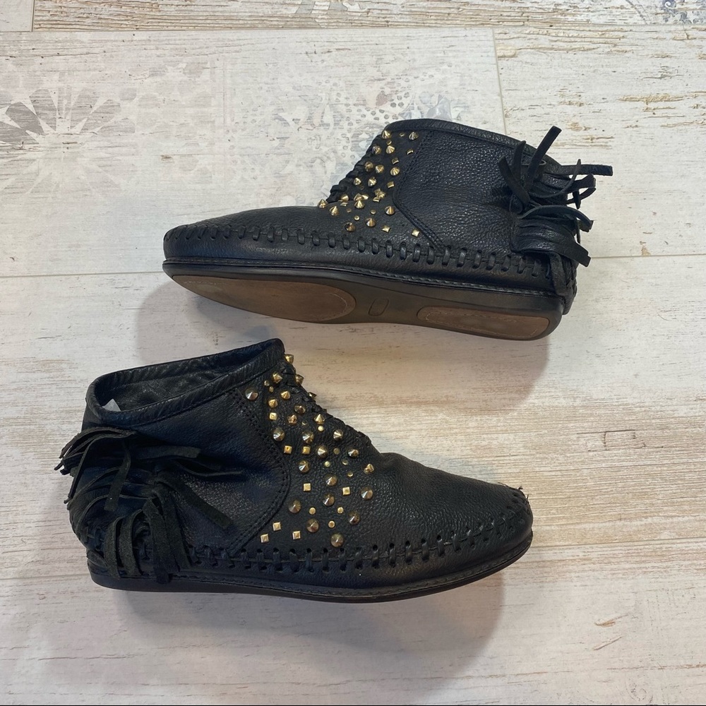 Zara Black Leather Studded Fringe Moccasins - Picture 7 of 10